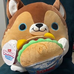 Snackles Brown and White Plush Dog with Burger